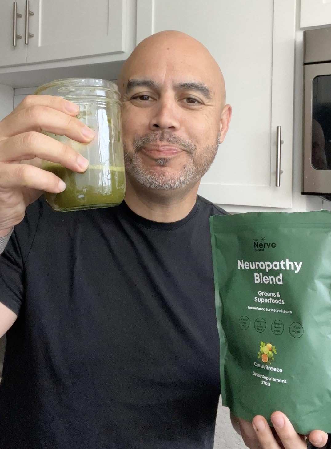 The Nerve Brand Neuropathy Superfood Blend chocolate powder in a mug, creamy daily treat.