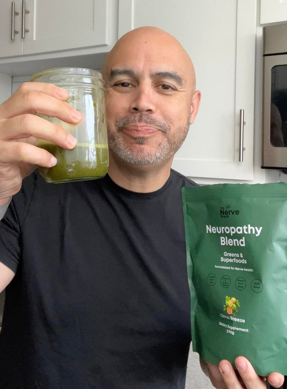 The Nerve Brand Neuropathy Superfood Blend chocolate powder in a mug, creamy daily treat.