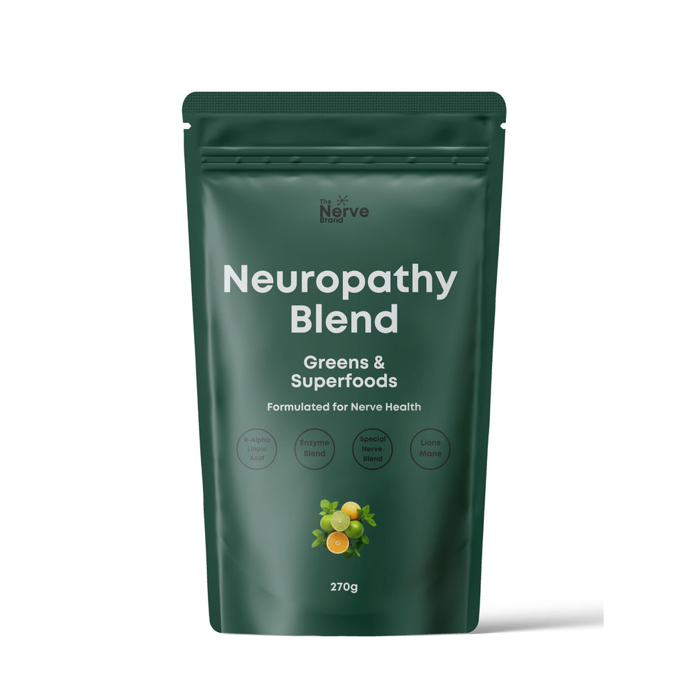 The Nerve Brand Neuropathy Superfood Blend chocolate powder in a glass, ideal for daily smoothies.