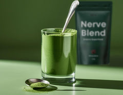 The Nerve Brand Neuropathy Superfood Blend jar front, premium greens for nervous system support.