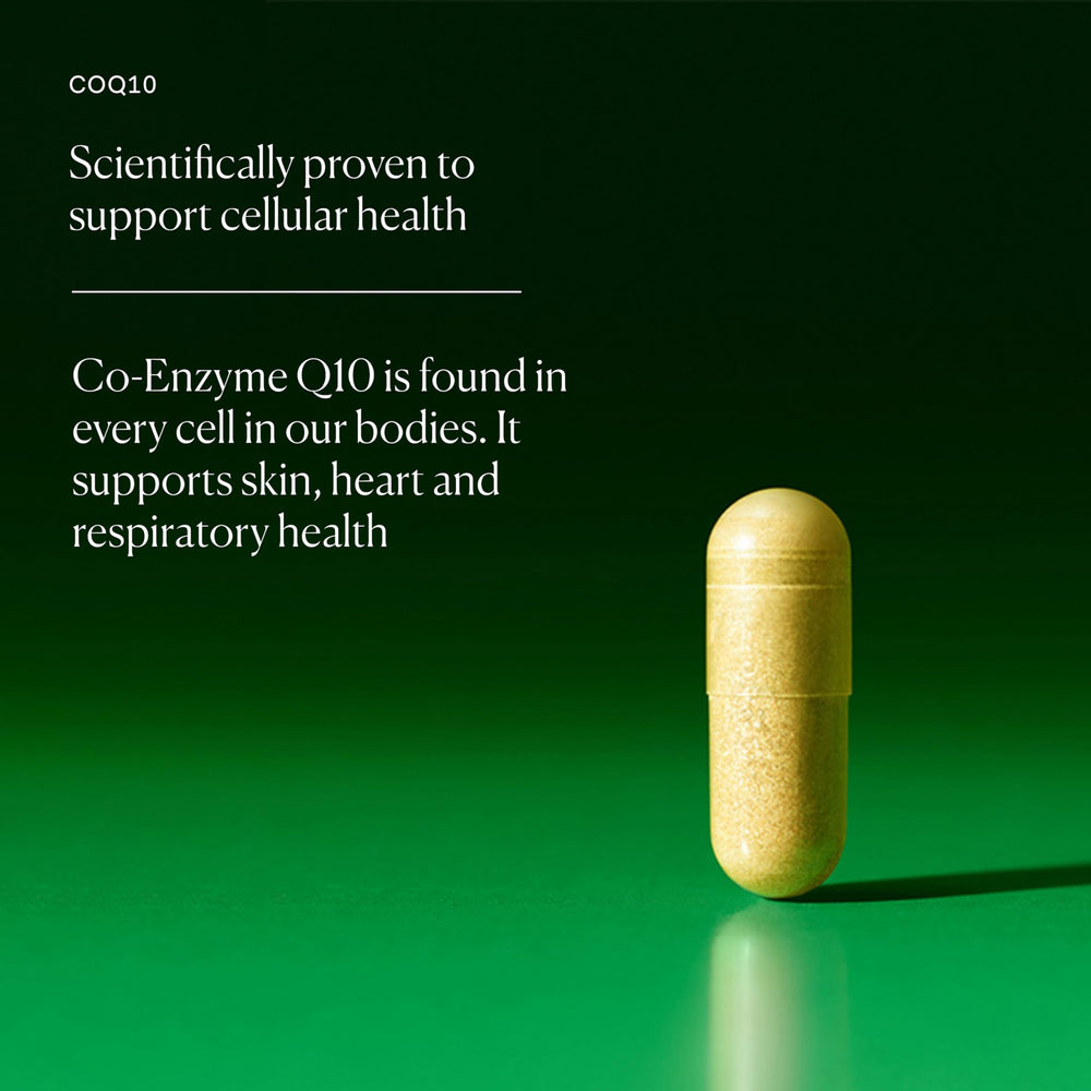 The Nue Co COQ10 packaging on display, vegan and gluten-free