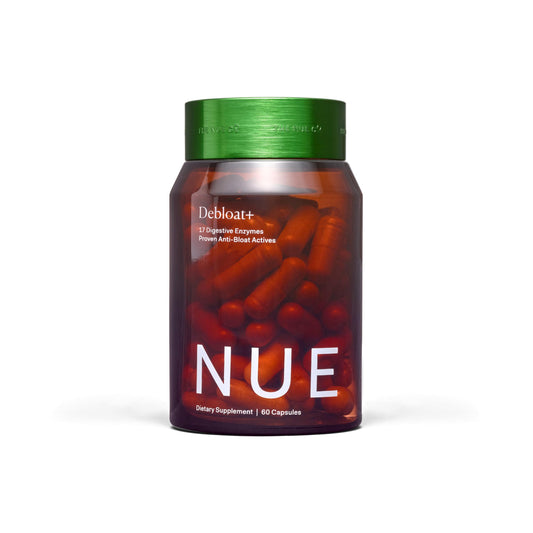 The Nue Co Debloat+ bottle front view showing vegan digestive support after meals