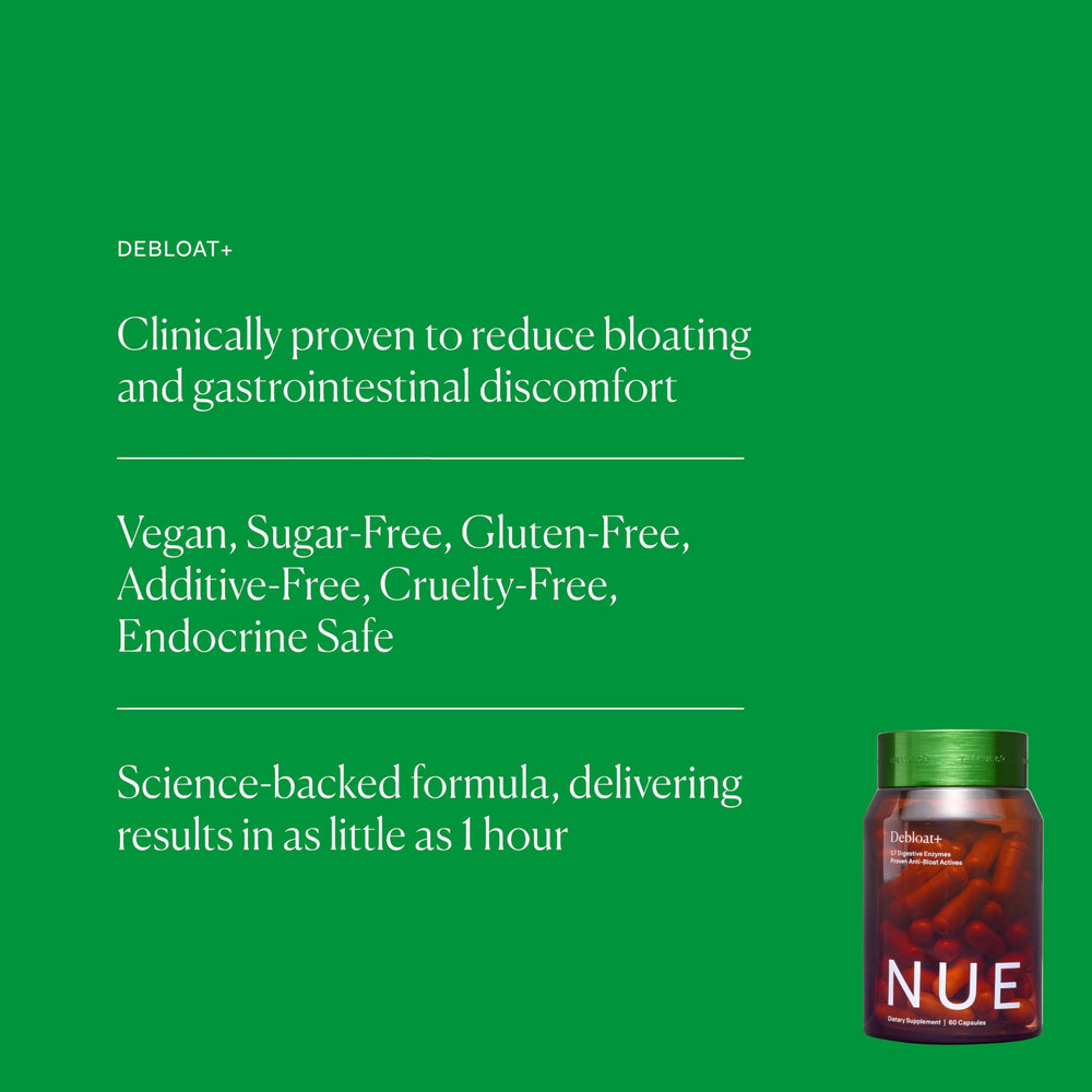 The Nue Co Debloat+ capsules close-up highlighting gentle enzymes for bloating relief