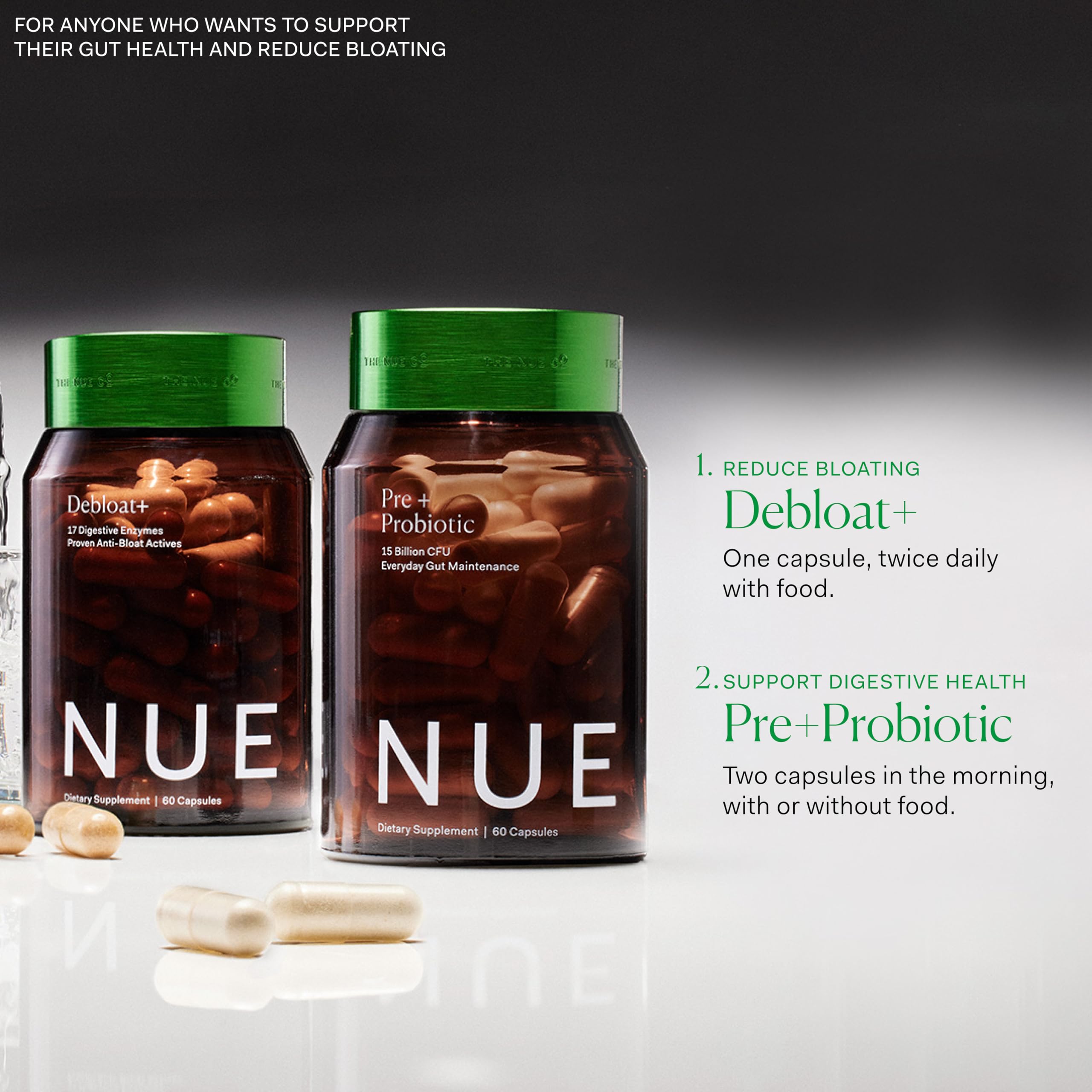 The Nue Co Debloat+ natural ingredients like ginger and turmeric for clean plant-based support