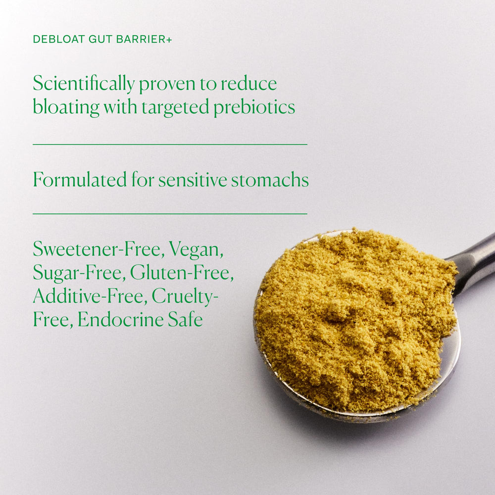 The Nue Co Debloat blend of turmeric and ginger highlights natural digestive support.