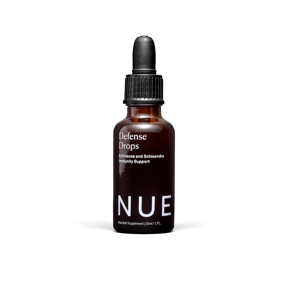 The Nue Co Defense Drops bottle top view for convenient daily wellness.