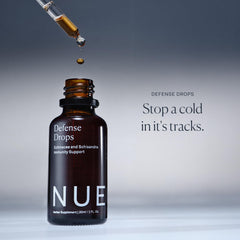 The Nue Co Defense Drops ingredients list highlights echinacea and adaptogens for balance.