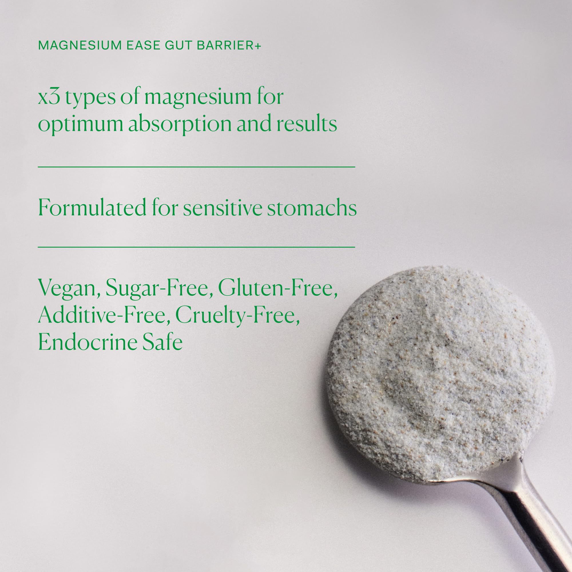 The Nue Co Magnesium Gut Barrier+ powder label closeup with gentle digestion purpose.