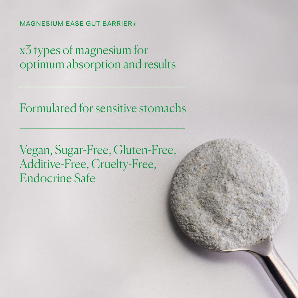 The Nue Co Magnesium Gut Barrier+ powder label closeup with gentle digestion purpose.