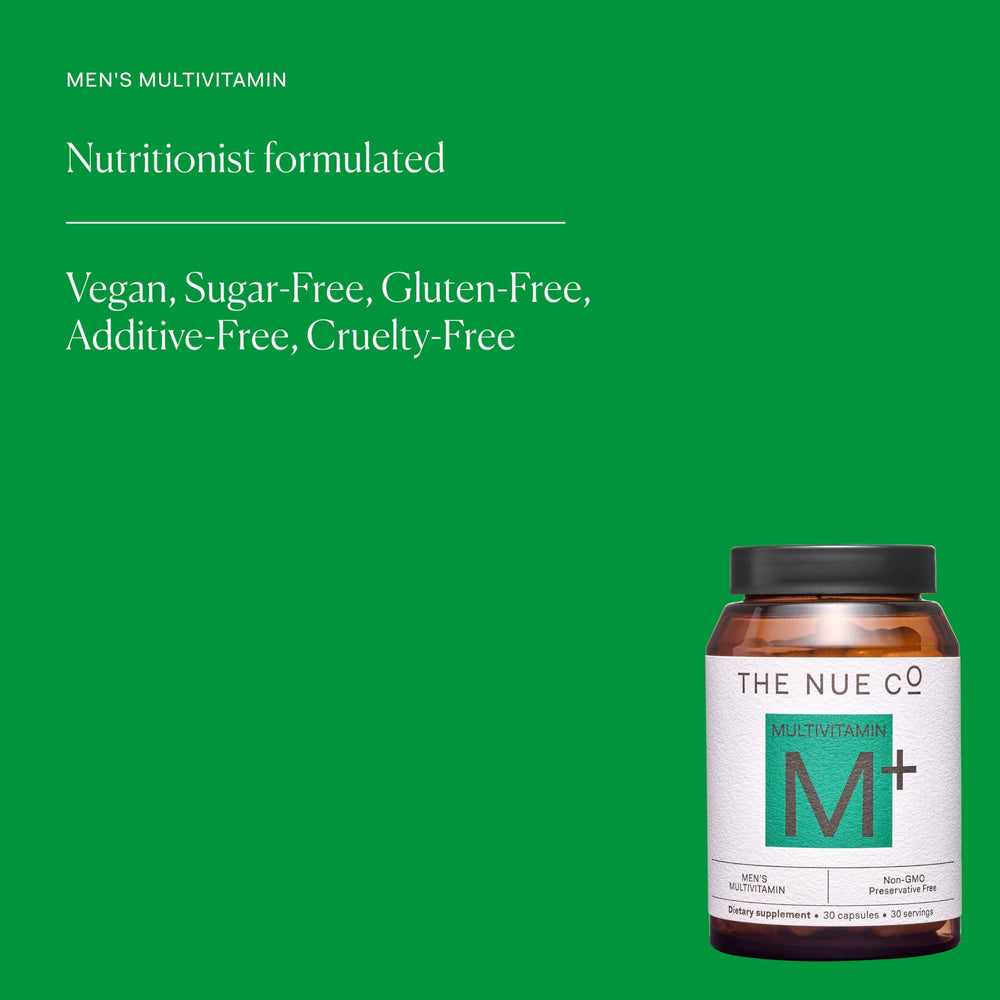 The Nue Co MEN'S MULTI VITAMIN label closeup highlighting vegan and gluten-free formula
