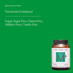 The Nue Co MEN'S MULTI VITAMIN label closeup highlighting vegan and gluten-free formula