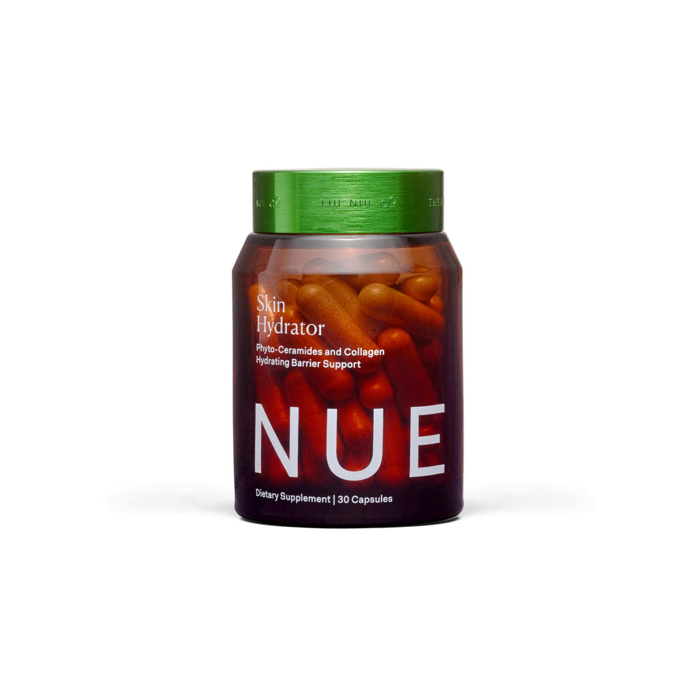 The Nue Co Skin Hydrator bottle shows a clean, minimalist design for daily hydration support