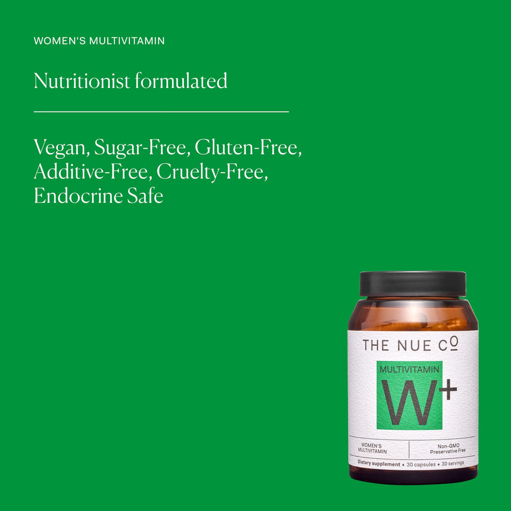 The Nue Co Women's Multivitamin packaging flatlay with practical lifestyle context.