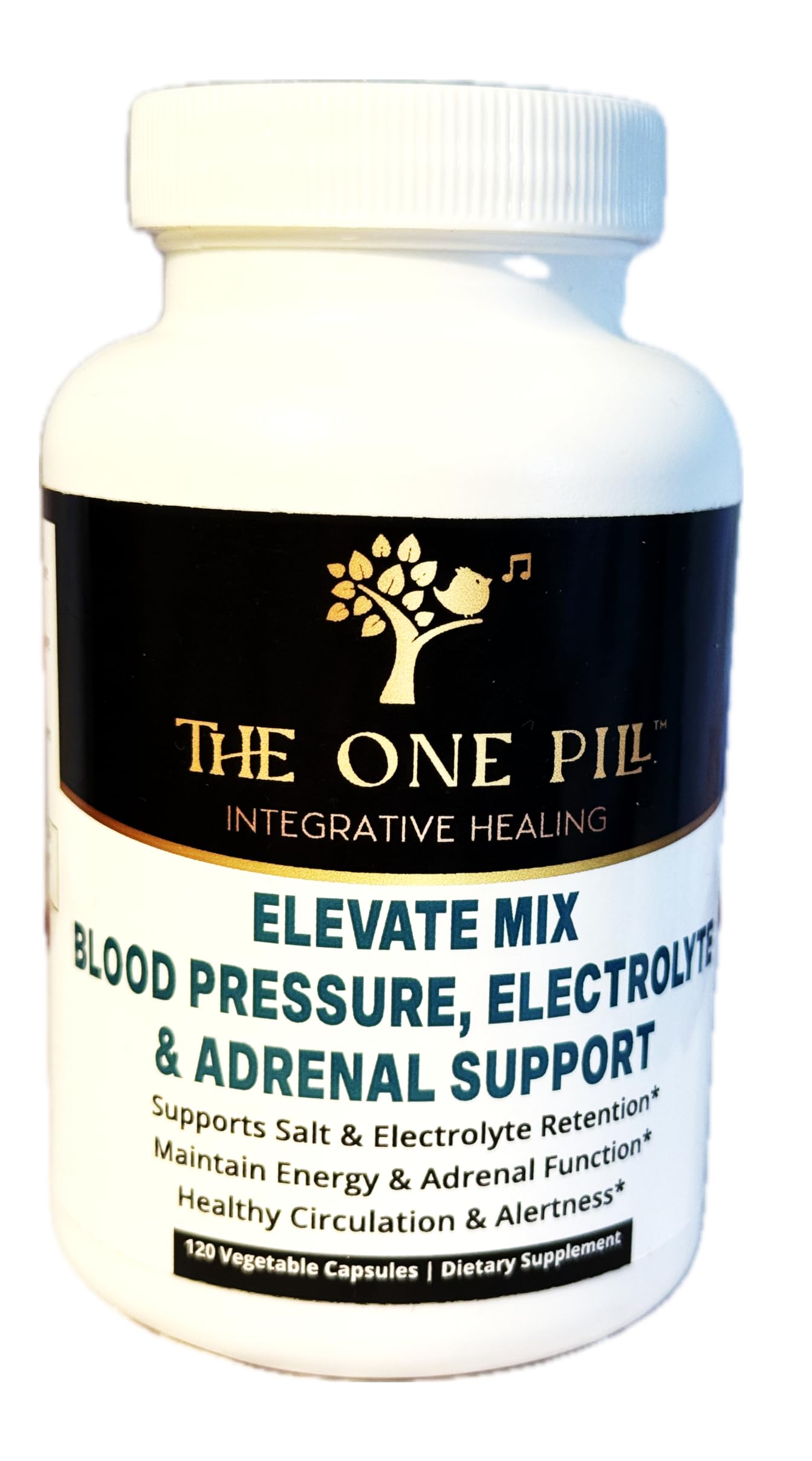 The One Pill Elevate Mix bottle label highlights vegan, non-GMO capsules for energy support.