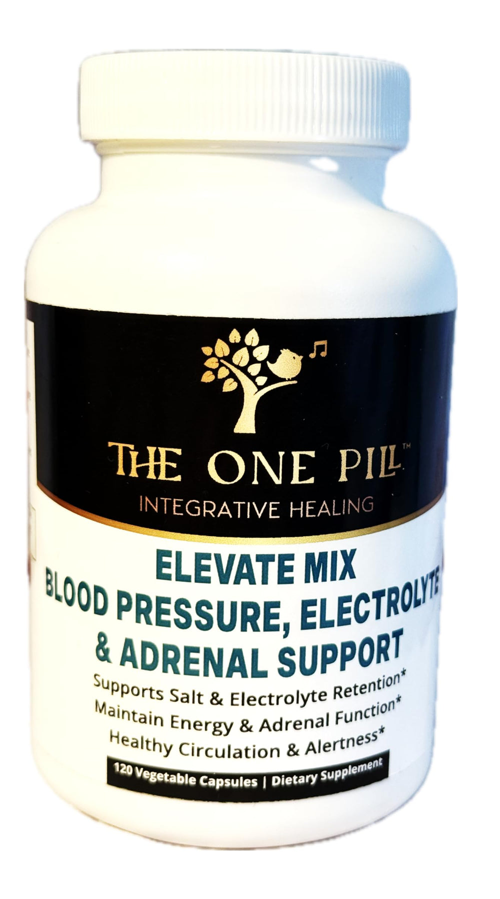 The One Pill Elevate Mix bottle label highlights vegan, non-GMO capsules for energy support.