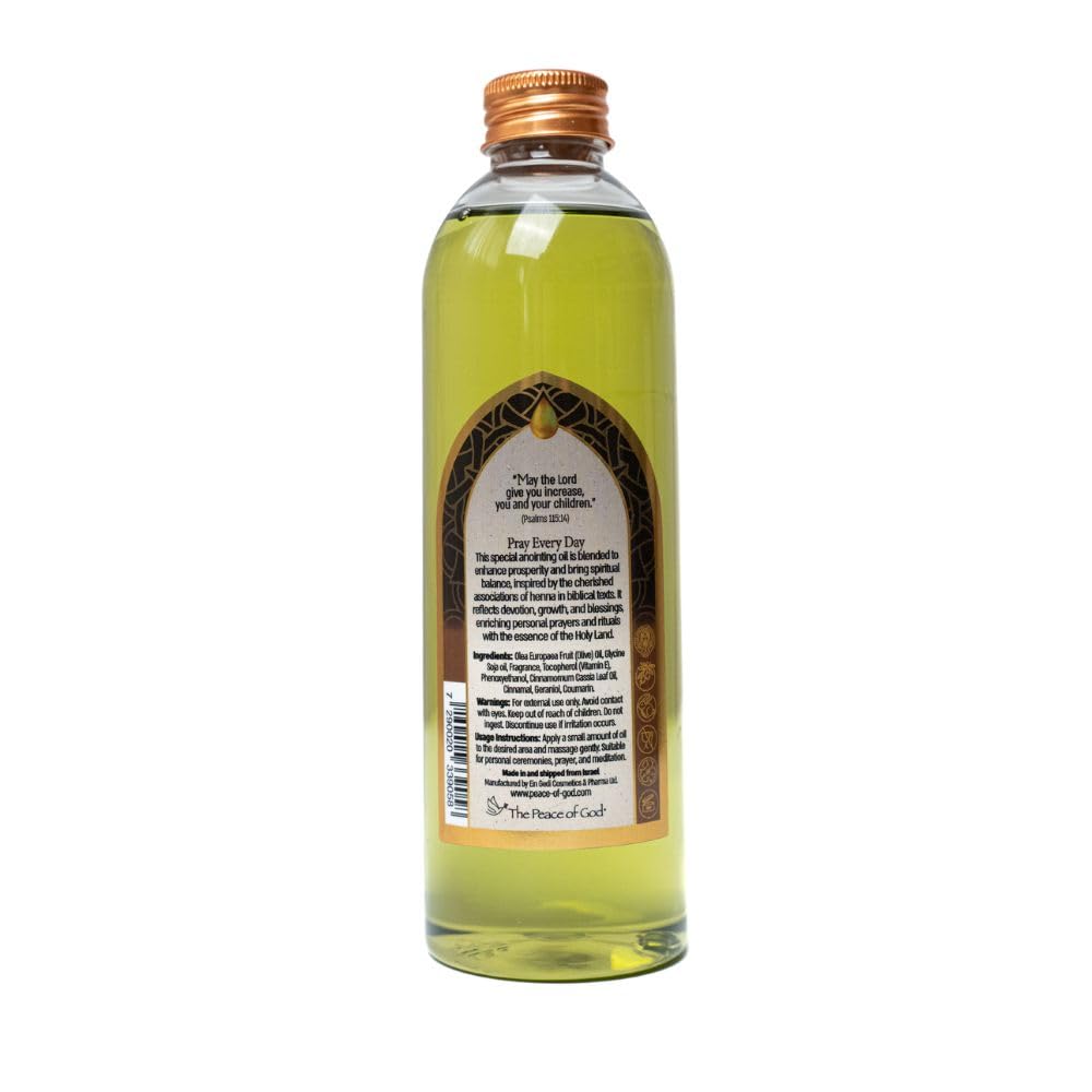 Close-up label on The Peace of God Henna Anointing Oil, highlighting sacred blend and aroma.