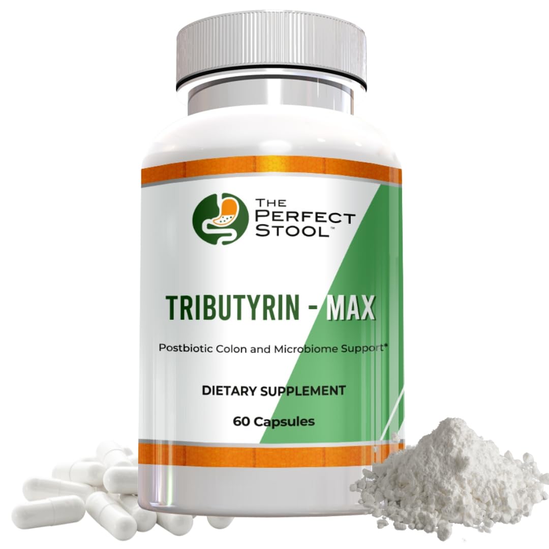 The Perfect Stool Tributyrin-Max bottle pour showing delayed-release capsules for formed stools.