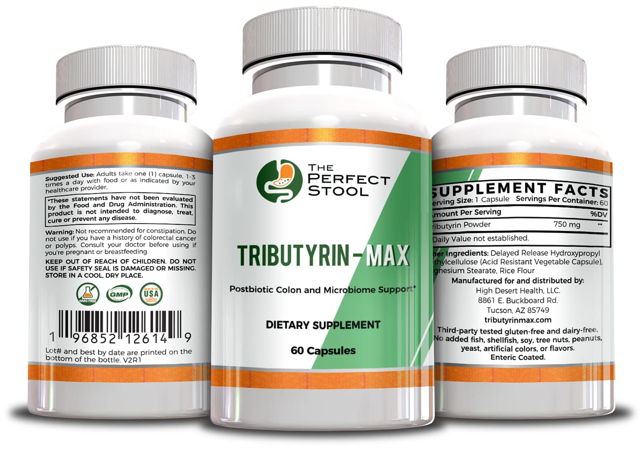 The Perfect Stool Tributyrin-Max capsules arranged with a clock suggesting timing-release.