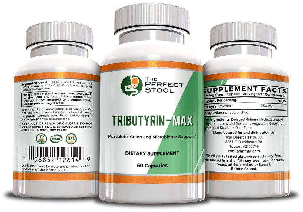 The Perfect Stool Tributyrin-Max capsules arranged with a clock suggesting timing-release.