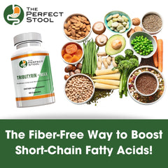 The Perfect Stool Tributyrin-Max capsules beside a glass of water.