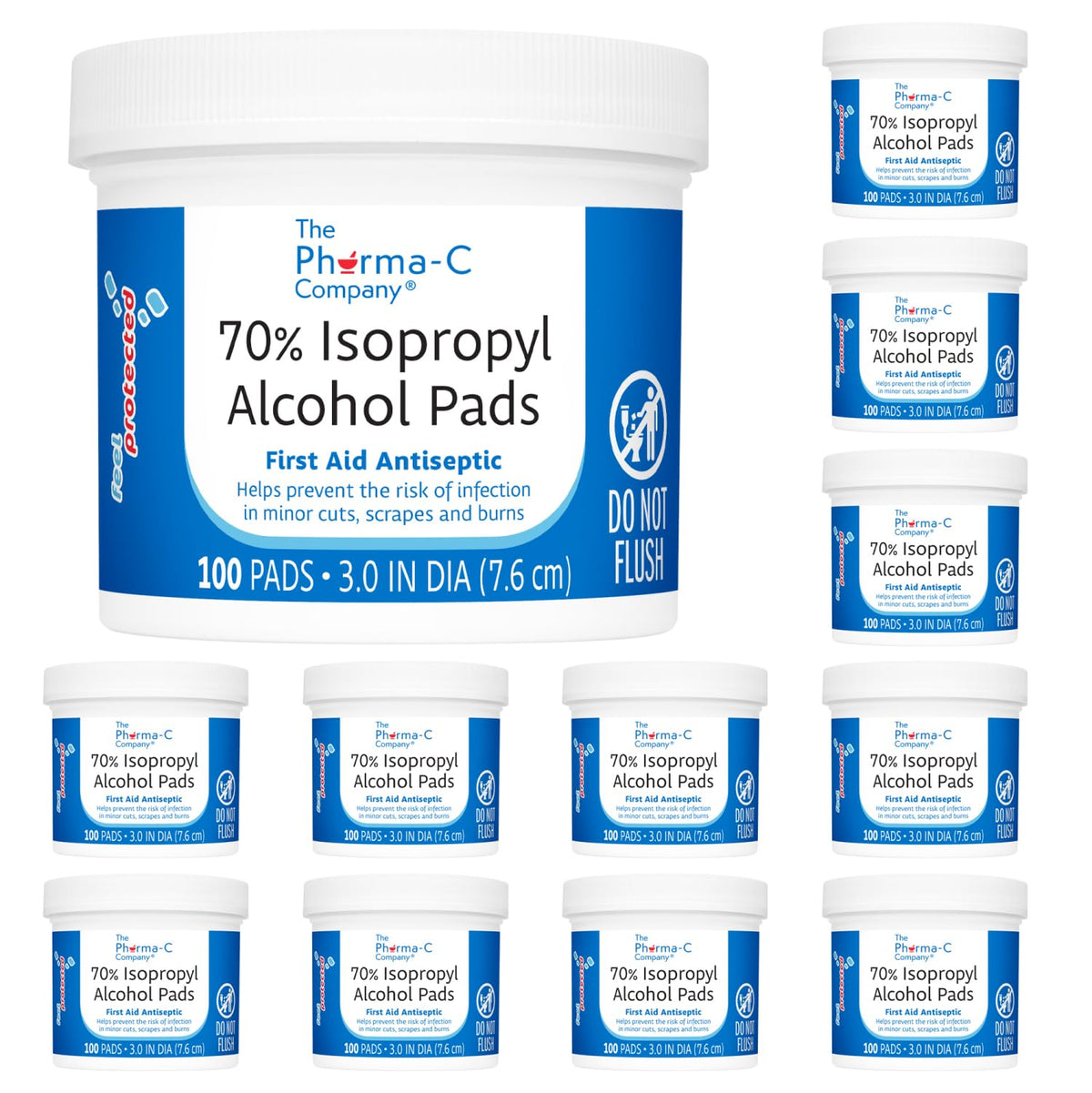 The Pharma-C Company 70% IPA pads in jar lid-on provide leak-free travel storage.