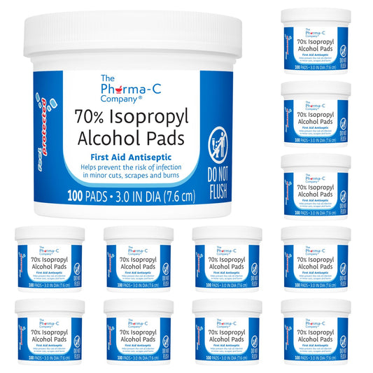 The Pharma-C Company 70% IPA pads in jar lid-on provide leak-free travel storage.