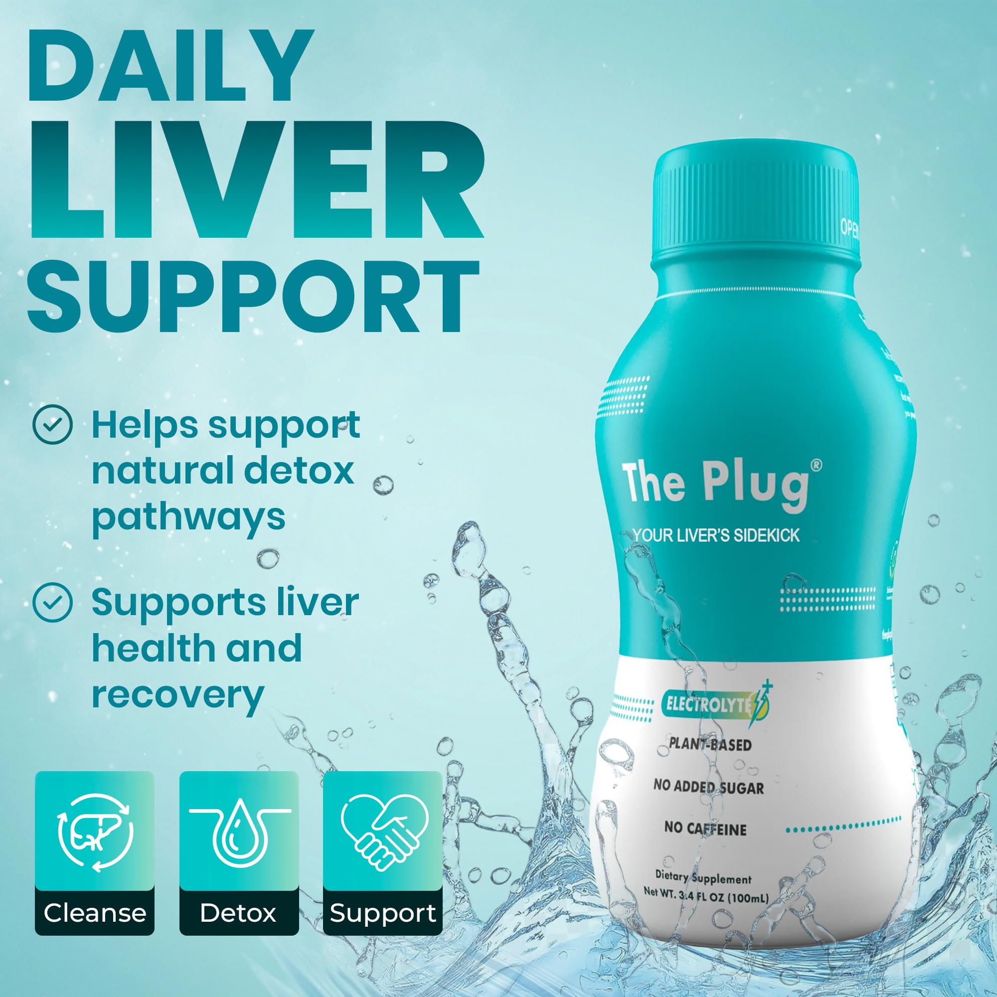 The Plug Liver Cleanse bottle front highlights a clean label and sugar-free electrolyte refreshment.