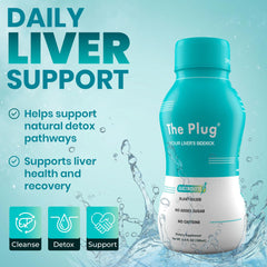The Plug Liver Cleanse bottle front highlights a clean label and sugar-free electrolyte refreshment.