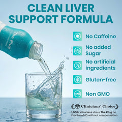 The Plug Liver Cleanse no-sugar badge emphasizes clean energy.