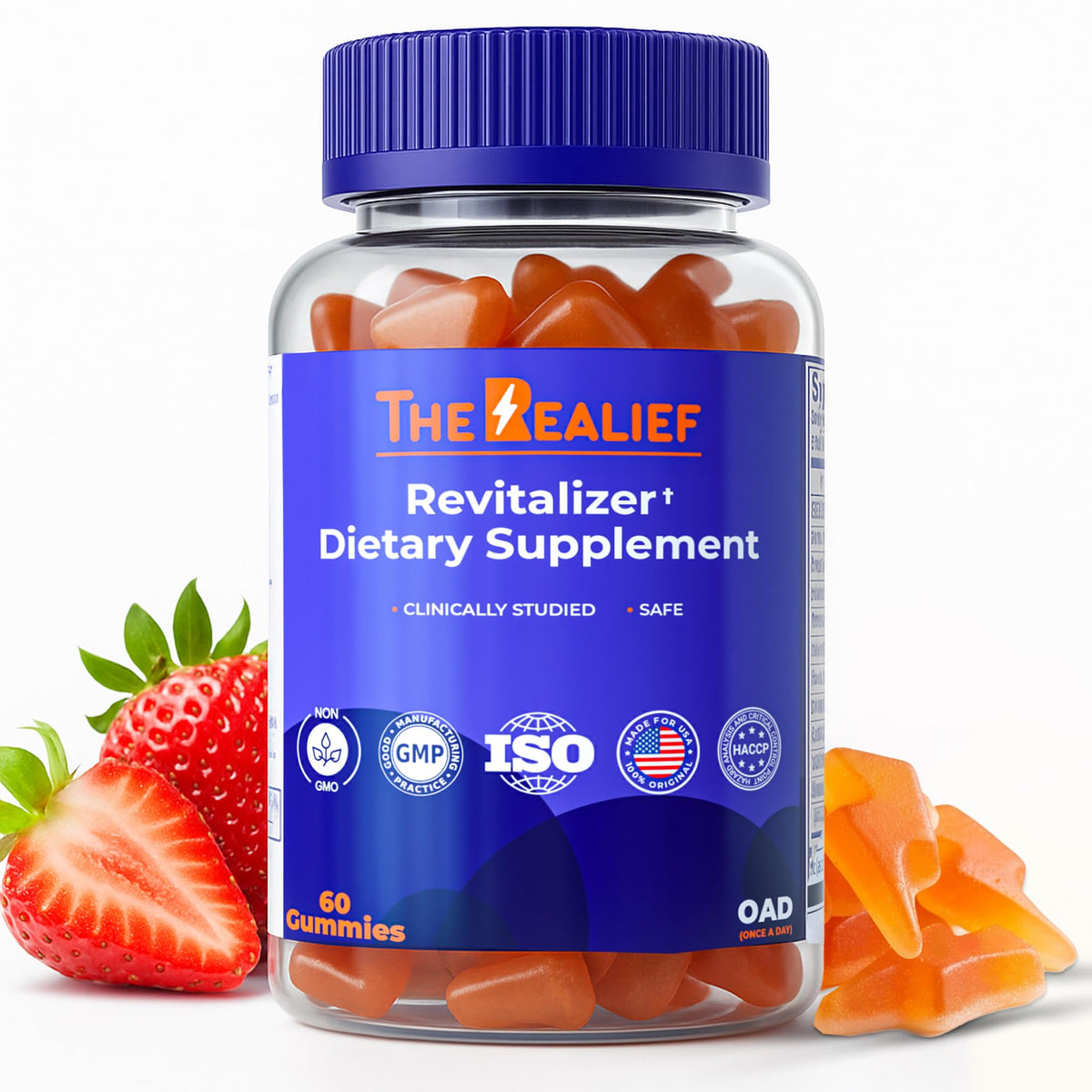 The Realief post party gummies bottle front shows strawberry flavor for easy refresh