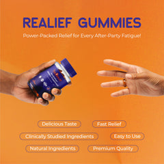 The Realief post party gummies include electrolytes and B vitamins for hydration and energy