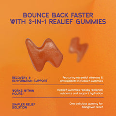 The Realief post party gummies gelatin-free badge indicates clean formulation