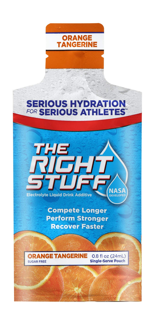 The Right Stuff Orange Tangerine pouch back label with nutrition details.