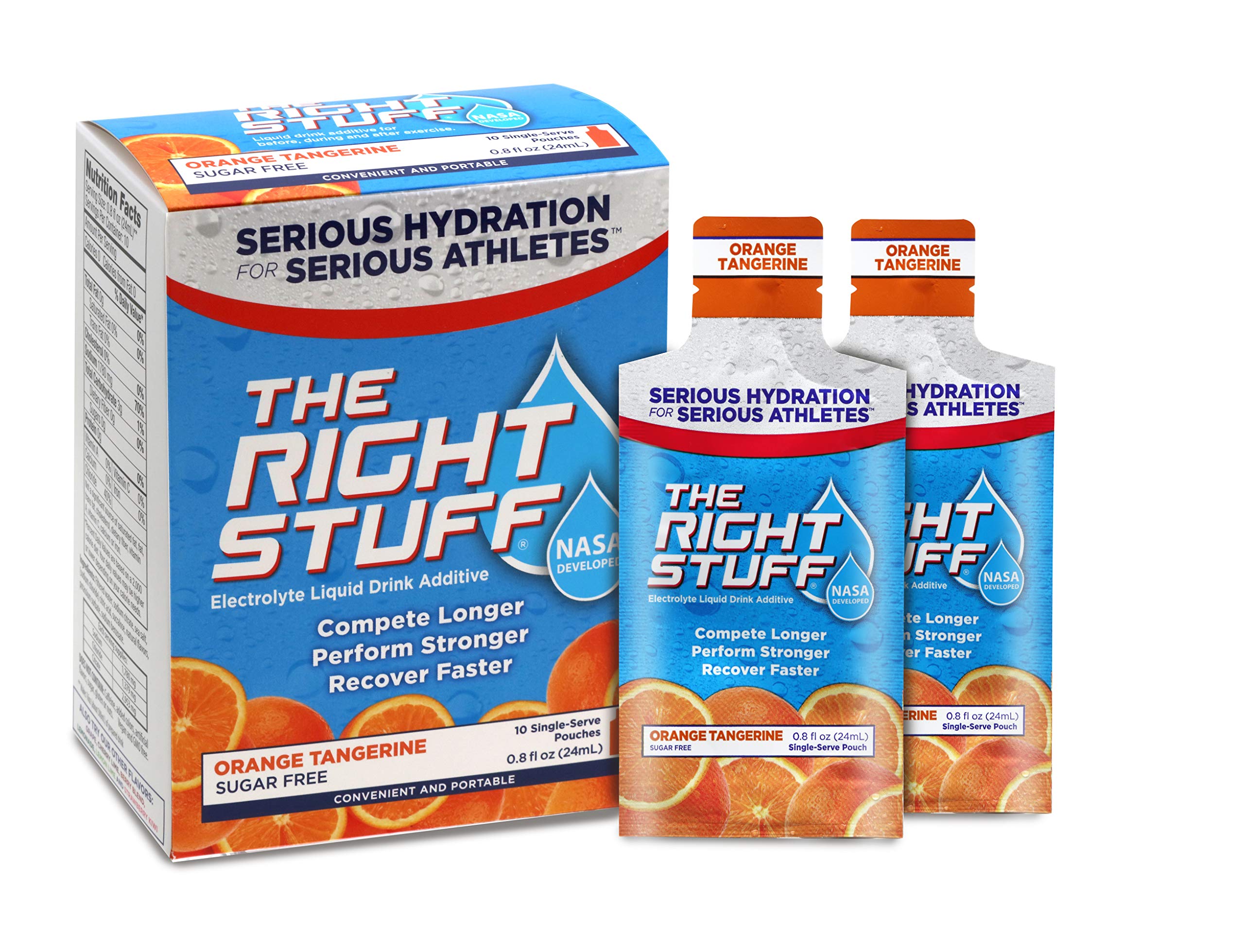The Right Stuff Orange Tangerine pouch front highlighting flavor and prehydration use.