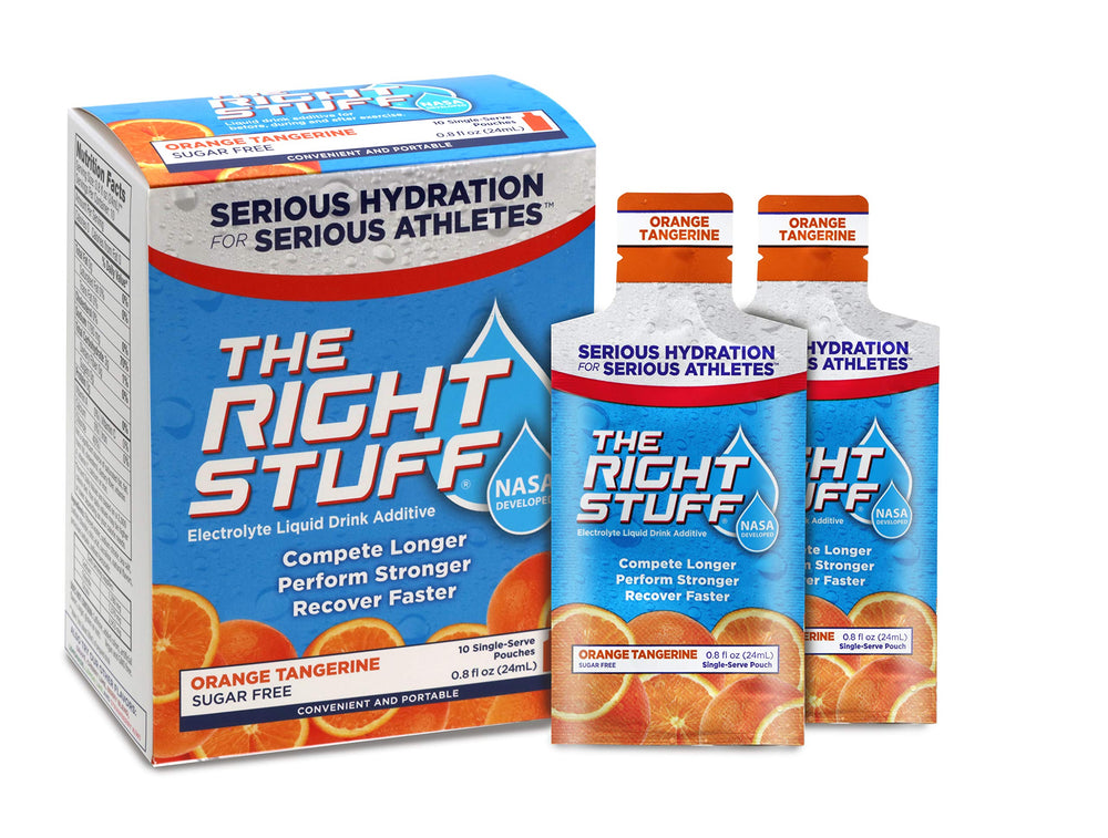The Right Stuff Orange Tangerine pouch front highlighting flavor and prehydration use.