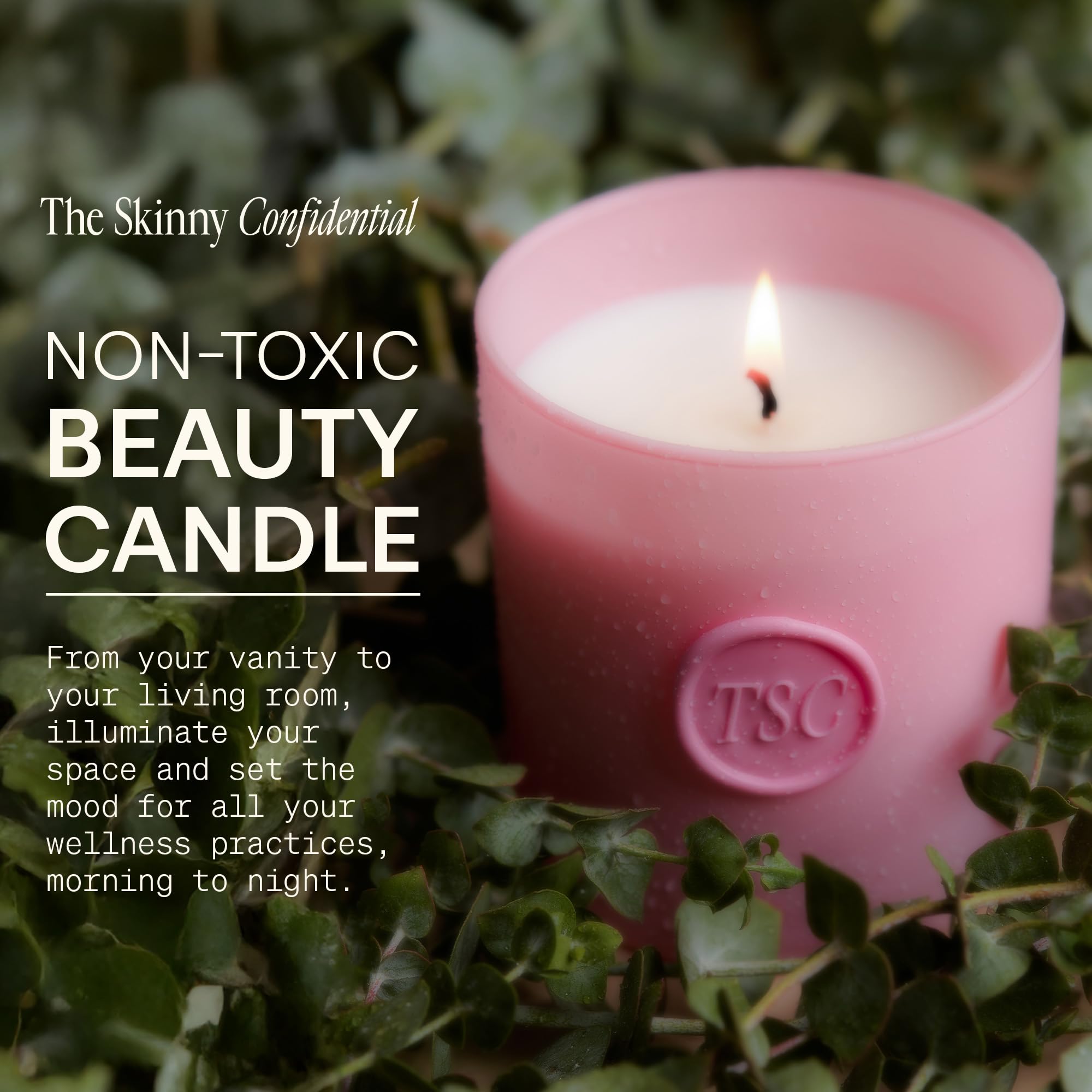 The Skinny Confidential candle wick close-up shows a clean, even burn with cotton wick.