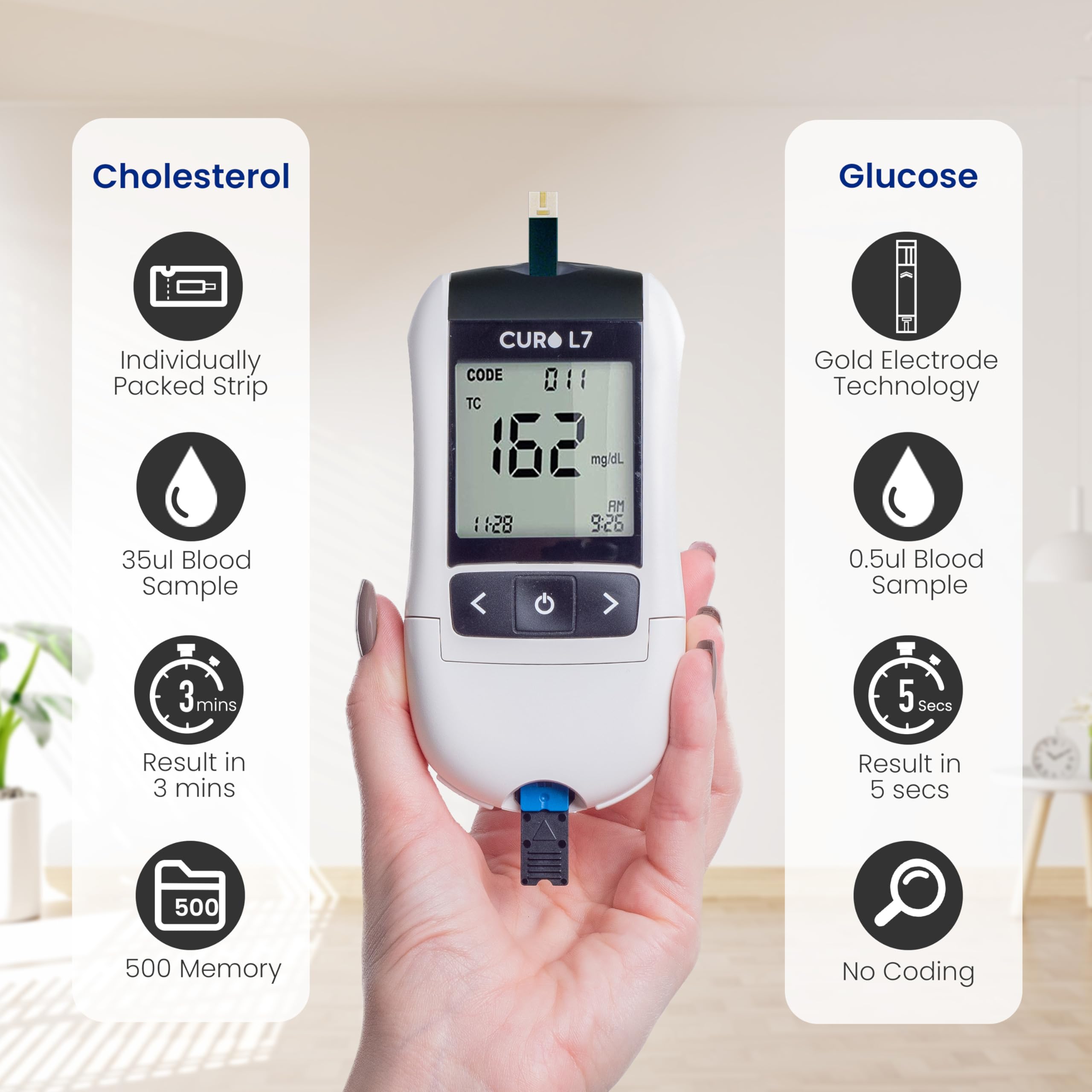 THE SOMMET CURO L7 glucose-strip-slot in use for convenient blood sugar checks
