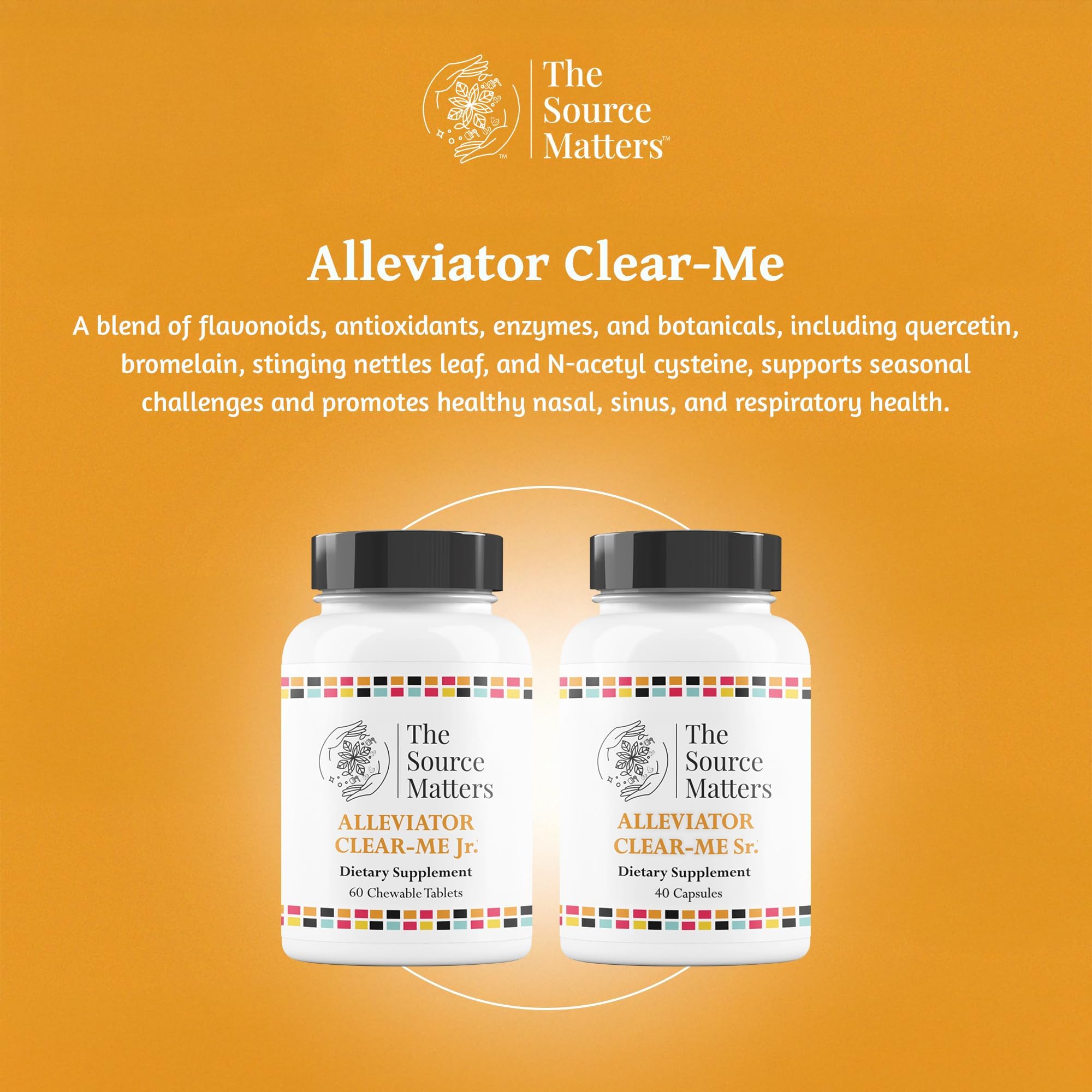 The Source Matters Alleviator Clear-Me JR bottle back label highlights ingredients for immune support.