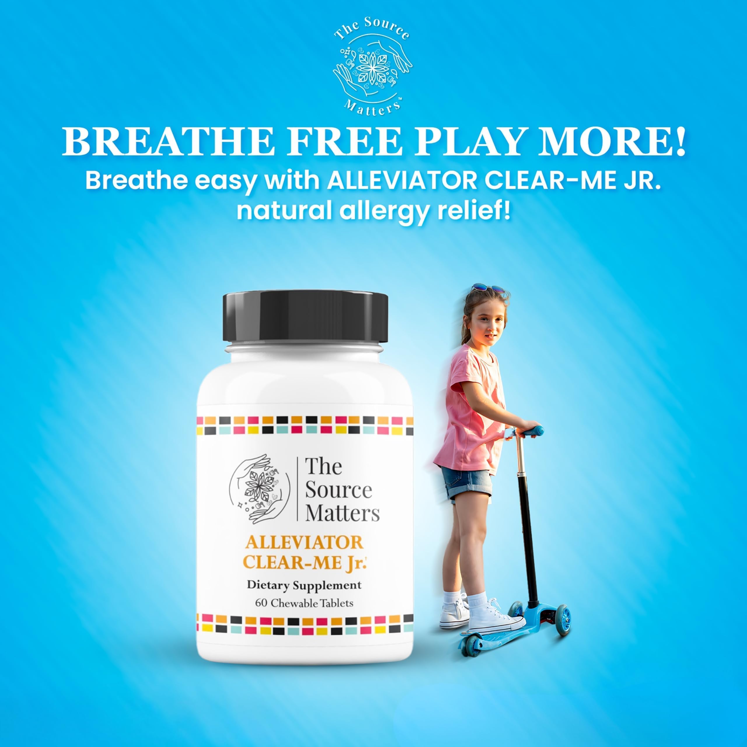 Alleviator Clear-Me JR chewables close-up emphasizes kid-friendly dosage and taste.