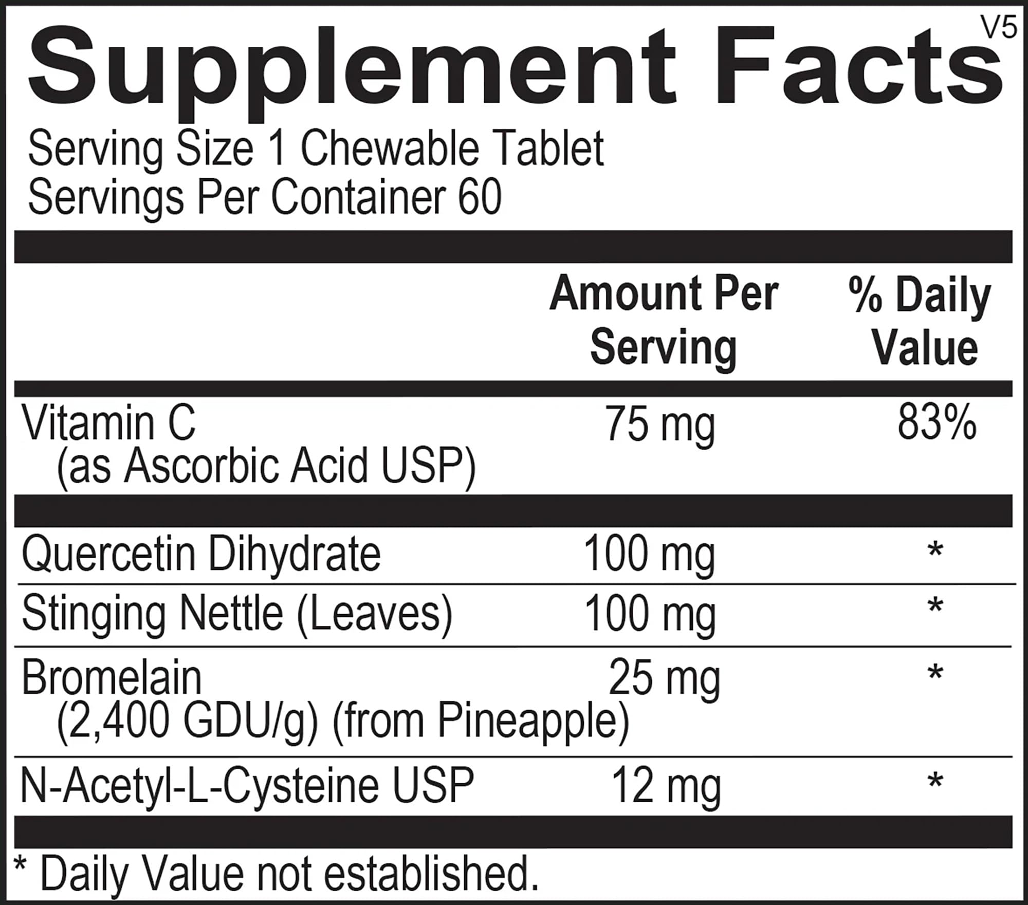 Ingredients chart on label communicates quercetin and vitamin C components.