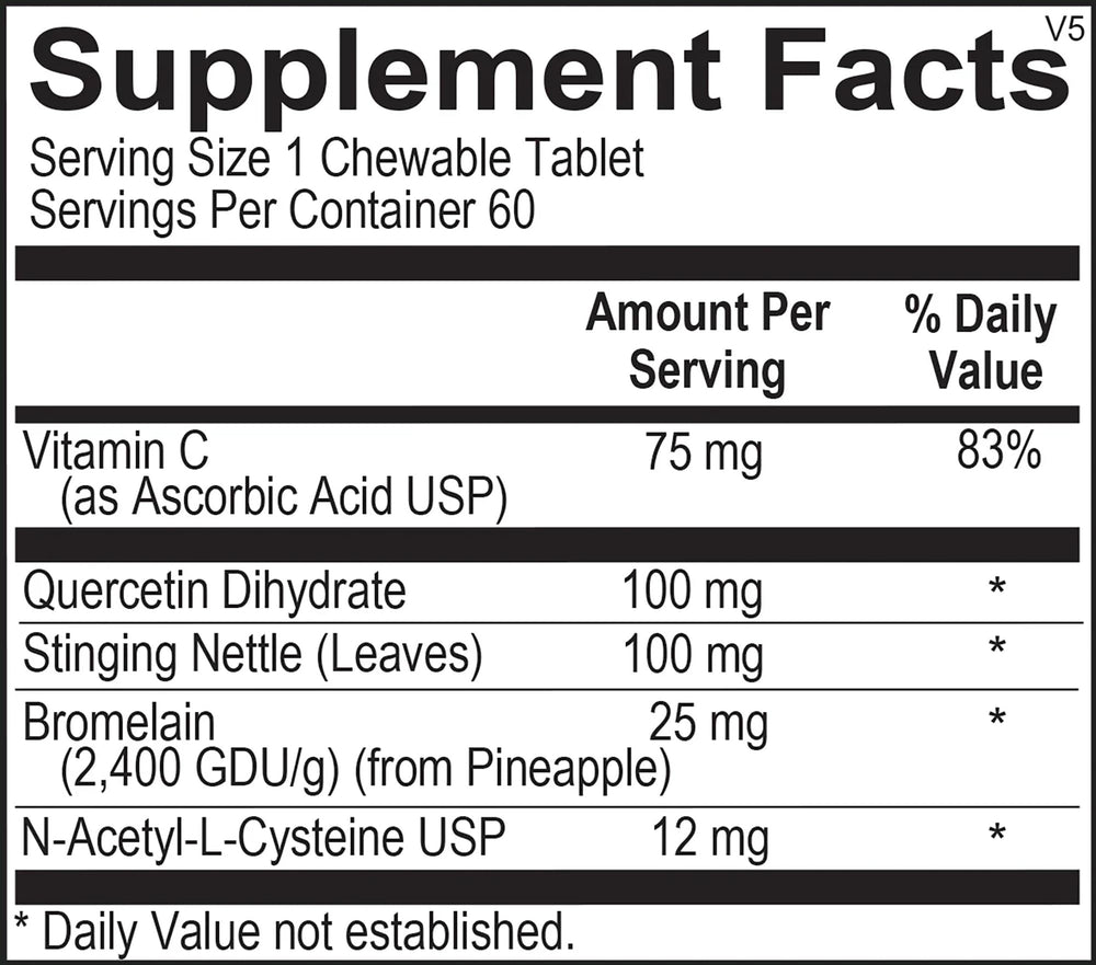 Ingredients chart on label communicates quercetin and vitamin C components.