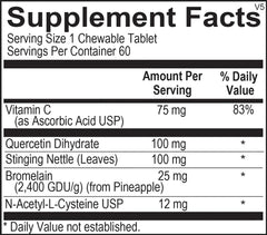 Ingredients chart on label communicates quercetin and vitamin C components.