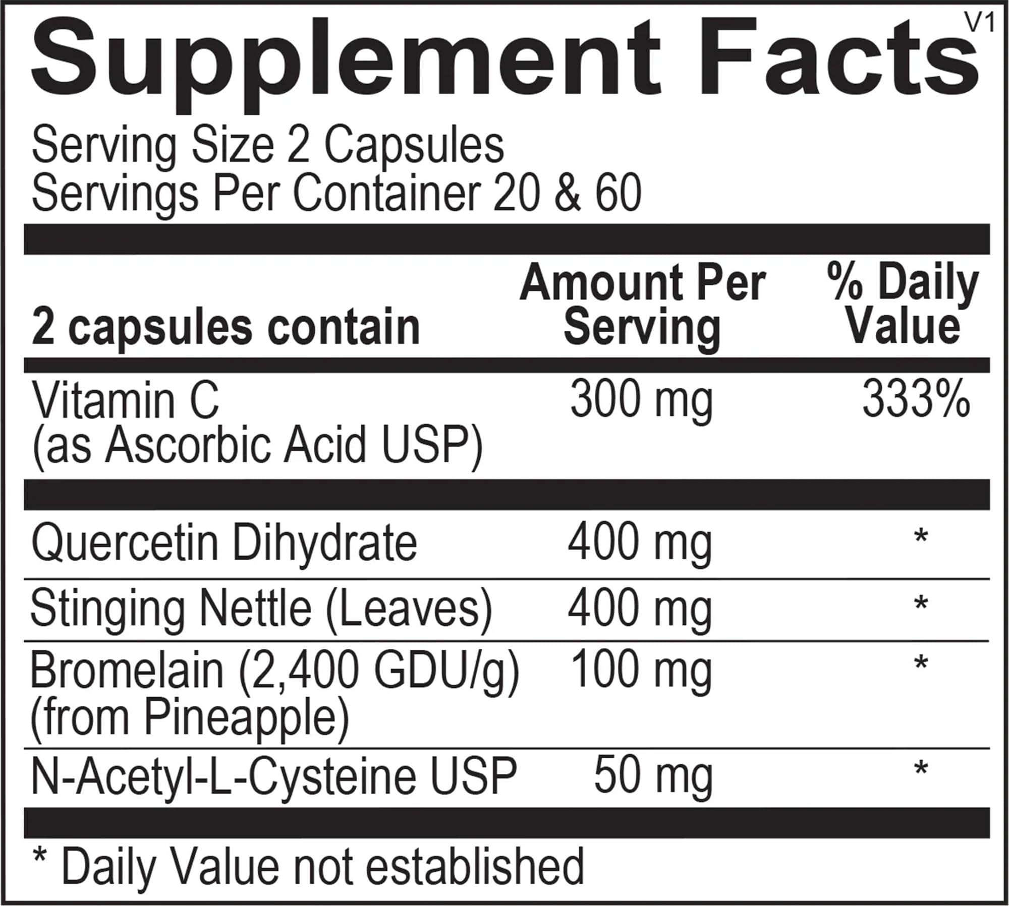 Label closeup showing key ingredients like quercetin and bromelain for informed use