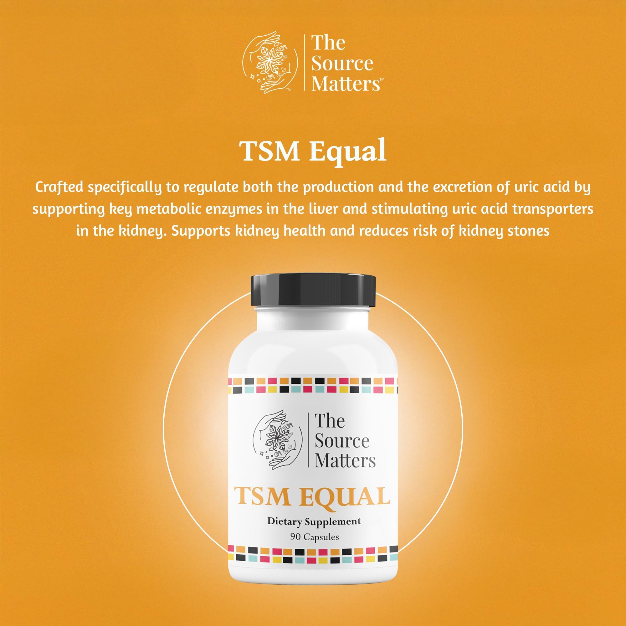The Source Matters Equal uric acid label closeup highlighting vitamin C and quercetin benefits.