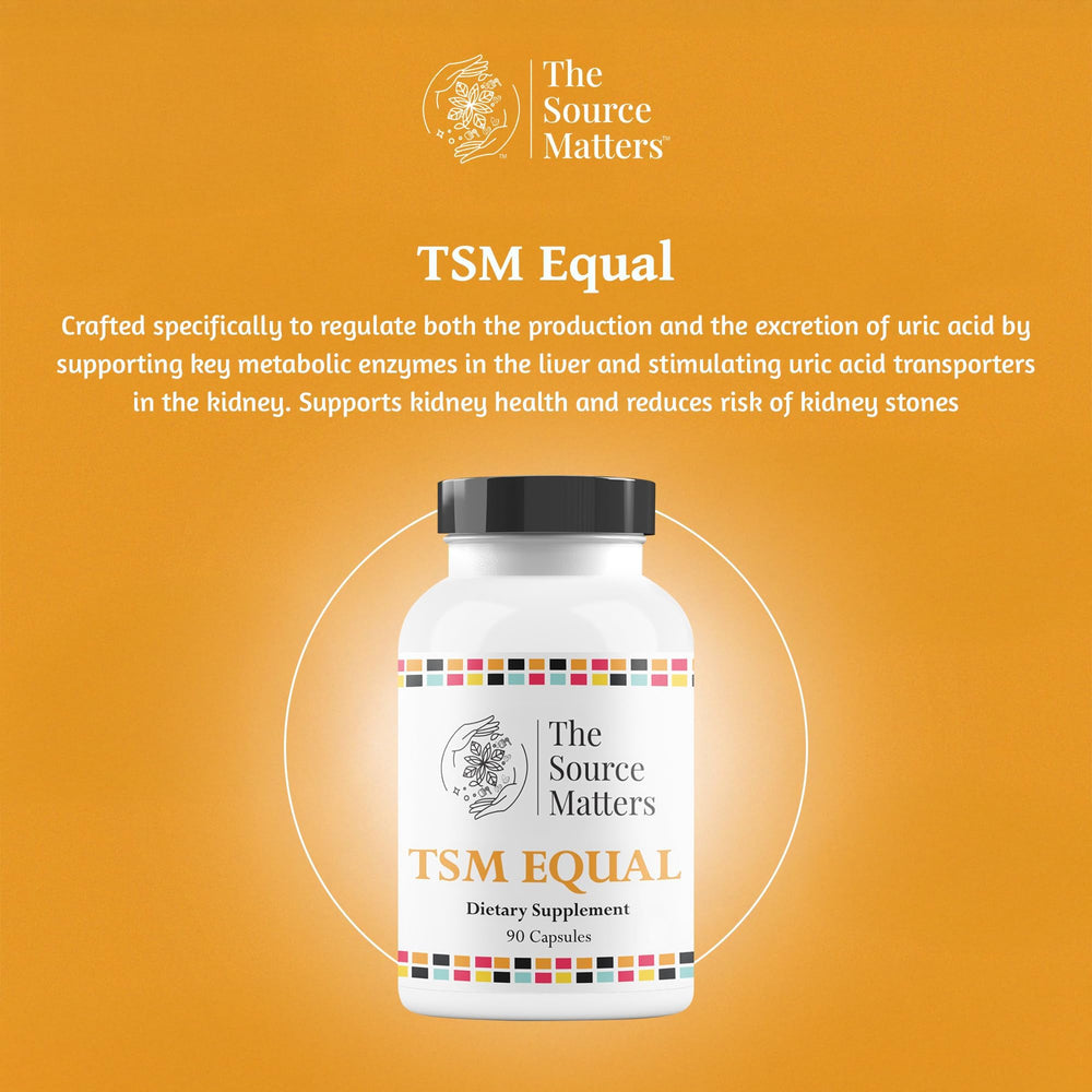 The Source Matters Equal uric acid label closeup highlighting vitamin C and quercetin benefits.