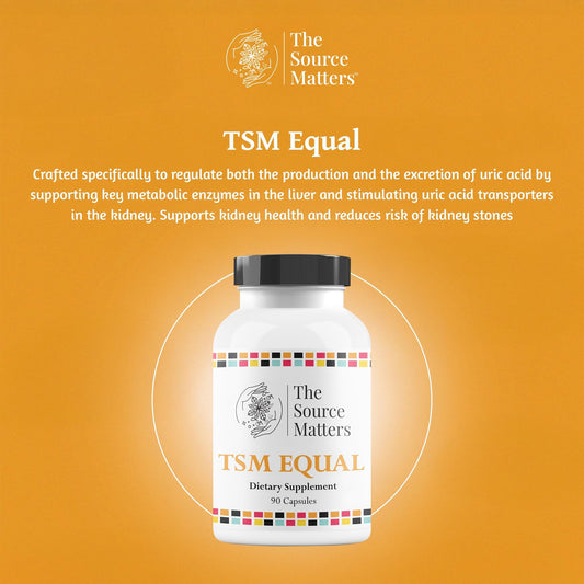 The Source Matters Equal uric acid label closeup highlighting vitamin C and quercetin benefits.