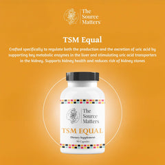 The Source Matters Equal uric acid label closeup highlighting vitamin C and quercetin benefits.