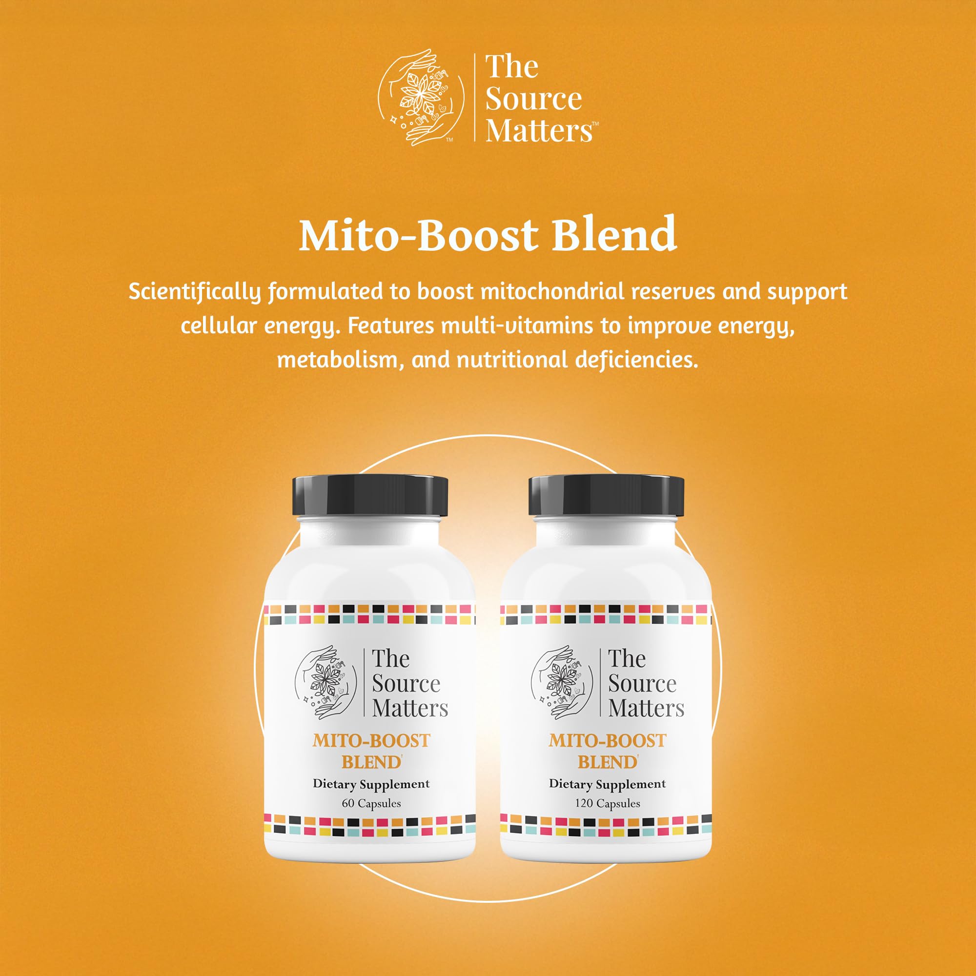 The Source Matters Mito-Boost antioxidant blend highlights vitamins and phytonutrients for oxidative support.