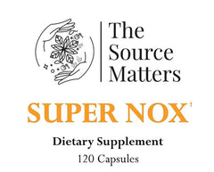 Packaging branding of THE SOURCE MATTERS SUPER NOX for trustworthy vascular support.