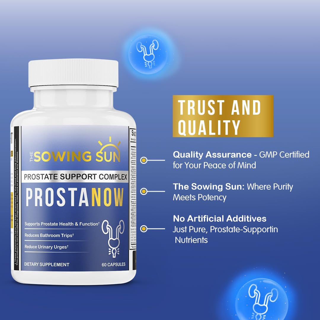 The Sowing Sun ProstNow natural-ingredients board signals a clean formulation.
